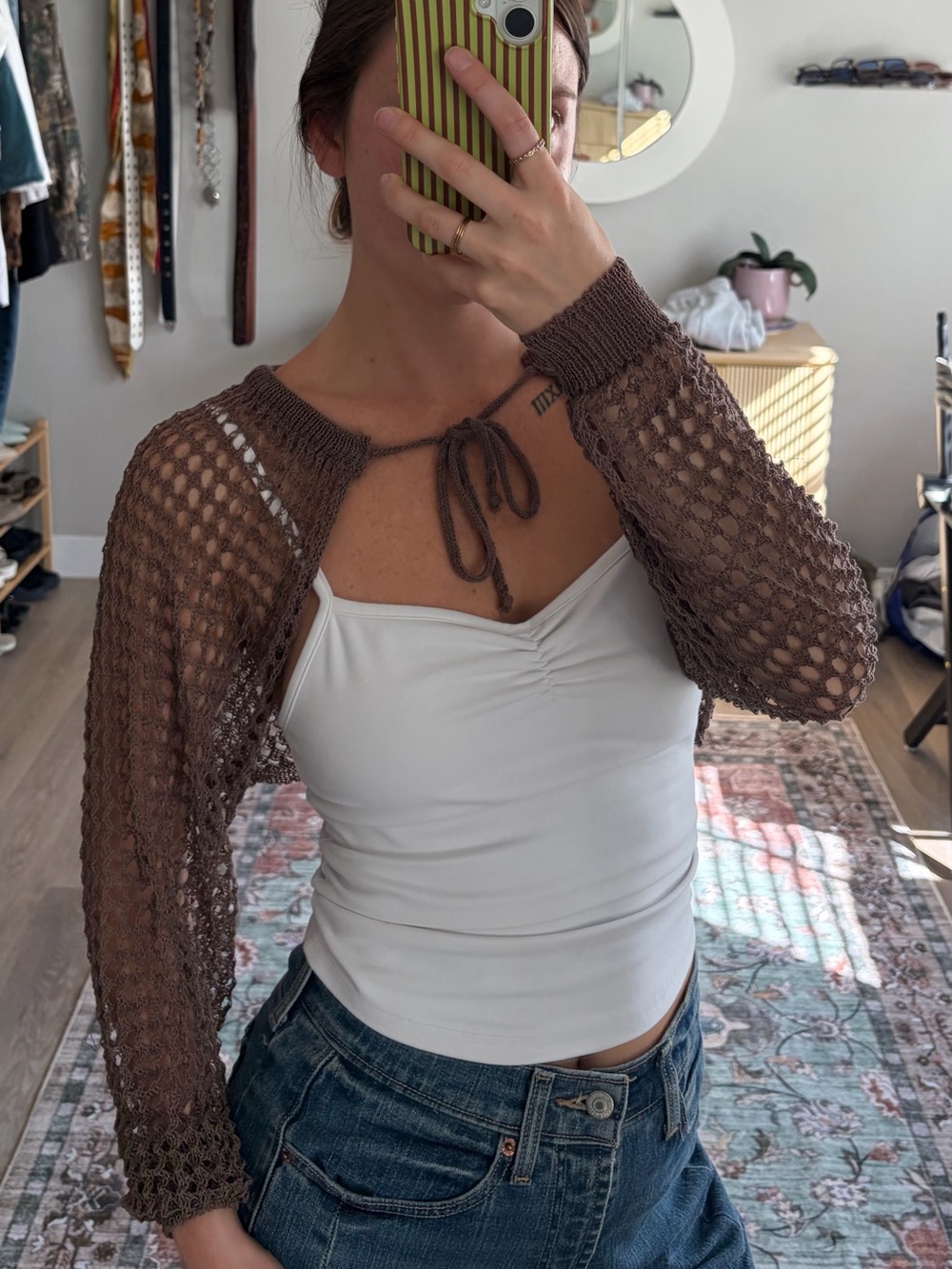 Brown Crochet Knit Tie Front Cropped Bolero Shrug S/M